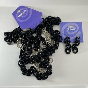 Black chain triple necklace and dangling chain earrings